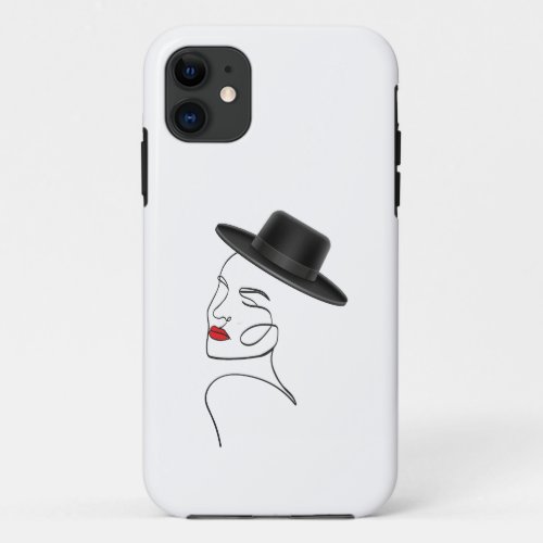 Lady in Black Hat with Red Lips Line Art iPhone 11 Case