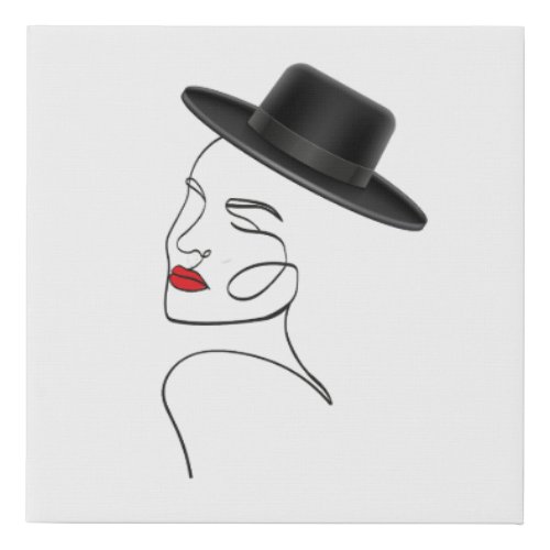 Lady in Black Hat with Red Lips Line Art Faux Canvas Print