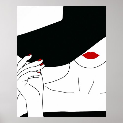 Lady In Black Hat With Red Lipstick Line Art Poster