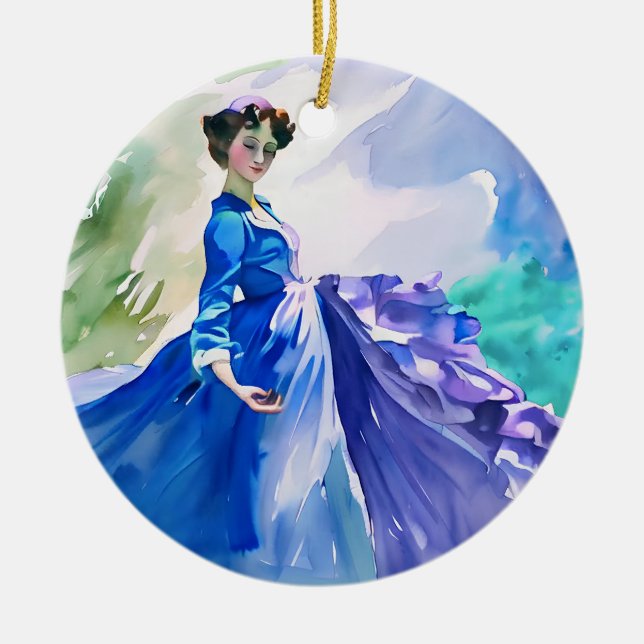 Lady in Blue Dress - Watercolor Painting Ceramic Ornament (Front)