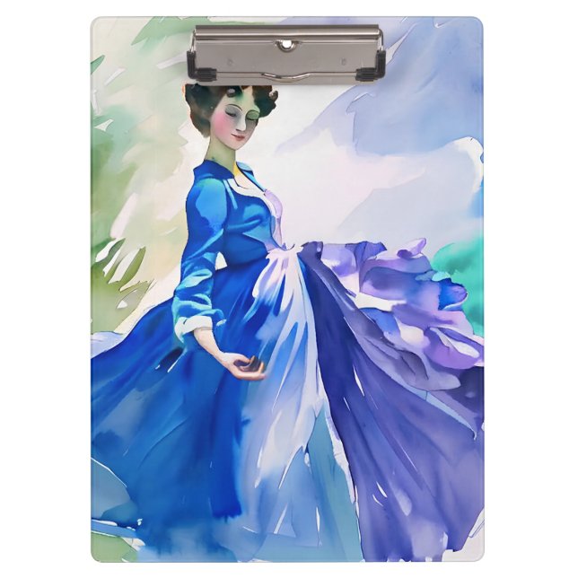 Lady in Blue Dress - Watercolor Painting Clipboard (Front)