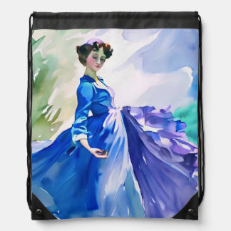 Lady in Blue Dress - Watercolor Painting Drawstring Bag