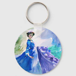 Lady in Blue Dress - Watercolor Painting Keychain