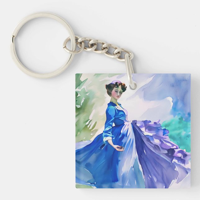 Lady in Blue Dress - Watercolor Painting Keychain (Front)
