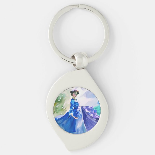 Lady in Blue Dress - Watercolor Painting Keychain (Front)