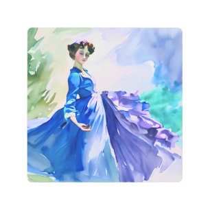 Lady in Blue Dress - Watercolor Painting Metal Print