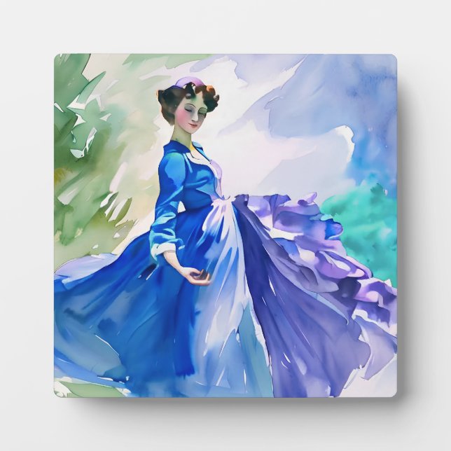 Lady in Blue Dress - Watercolor Painting Plaque (Front)