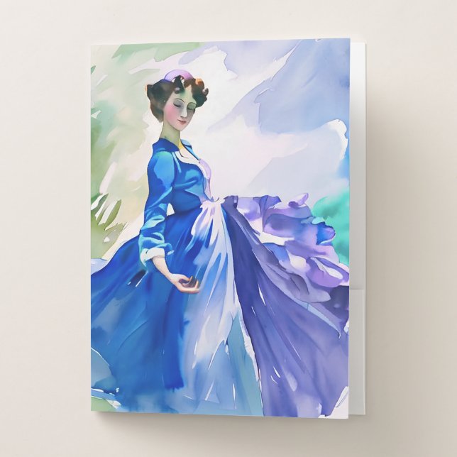 Lady in Blue Dress - Watercolor Painting Pocket Folder (Front)