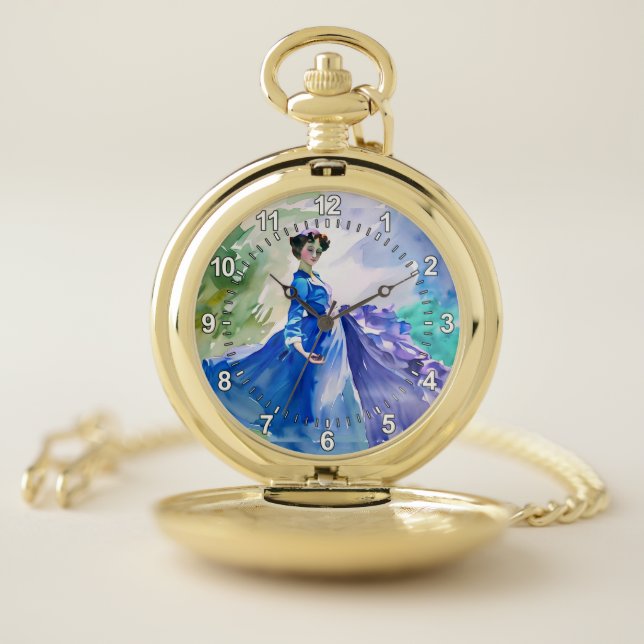 Lady in Blue Dress - Watercolor Painting Pocket Watch (Inside)
