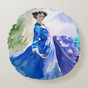 Lady in Blue Dress - Watercolor Painting Round Pillow
