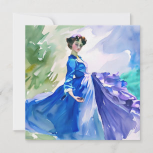 Lady in Blue Dress - Watercolor Painting Save The Date