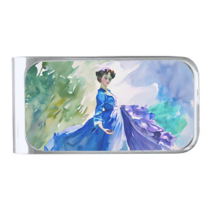 Lady in Blue Dress - Watercolor Painting Silver Finish Money Clip