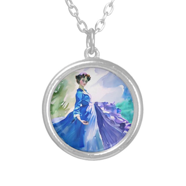 Lady in Blue Dress - Watercolor Painting Silver Plated Necklace (Front)