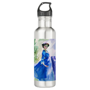 Lady in Blue Dress - Watercolor Painting Stainless Steel Water Bottle