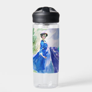 Lady in Blue Dress - Watercolor Painting Water Bottle