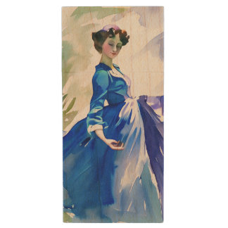 Lady in Blue Dress - Watercolor Painting Wood Flash Drive
