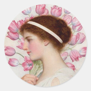 Lady in Classical Dress with Pink Tulips Classic Round Sticker