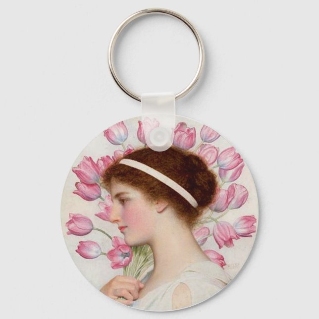 Lady in Classical Dress with Pink Tulips Keychain (Front)
