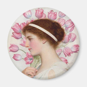 Lady in Classical Dress with Pink Tulips Magnet