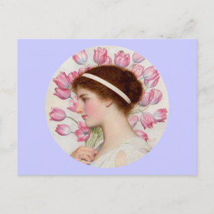 Lady in Classical Dress with Pink Tulips Postcard
