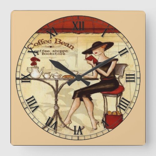 Lady in Coffee Shoppe and Bookstore Square Wall Clock