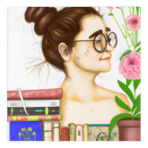 Lady in Glasses, Books and Flowers Acrylic Print