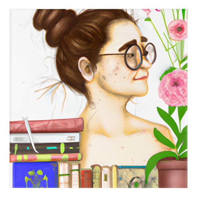 Lady in Glasses, Books and Flowers Acrylic Print (Front)