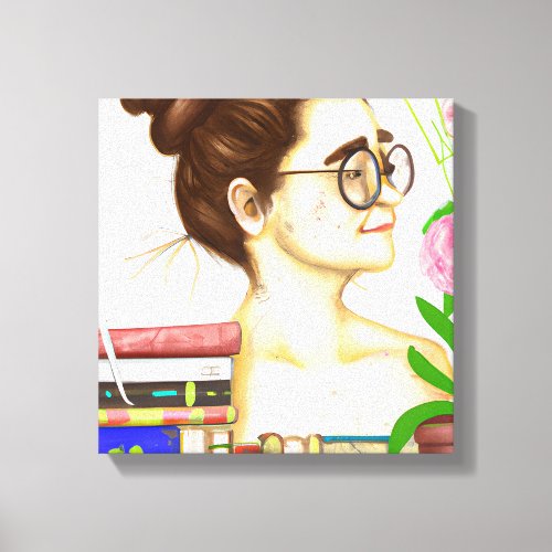 Lady in Glasses Books and Flowers Canvas Print
