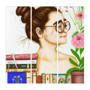 Lady in Glasses, Books and Flowers Triptych
