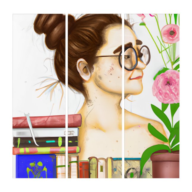 Lady in Glasses, Books and Flowers Triptych (Front)