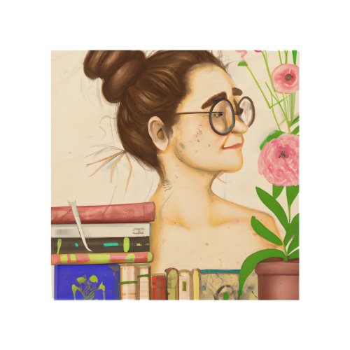 Lady in Glasses Books and Flowers Wood Wall Art