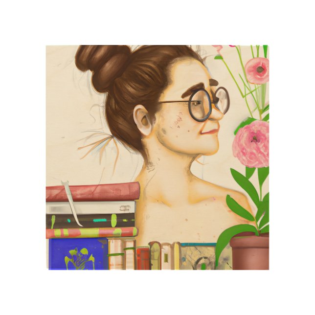 Lady in Glasses, Books and Flowers Wood Wall Art (Front)