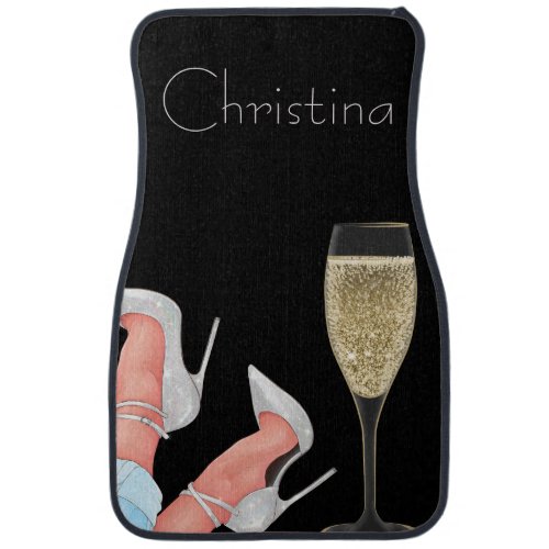 Lady in Glitter Heels with Champage on Black Car F Car Floor Mat