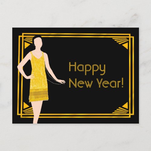 Lady in Gold Roaring 20s Happy New Year Postcard