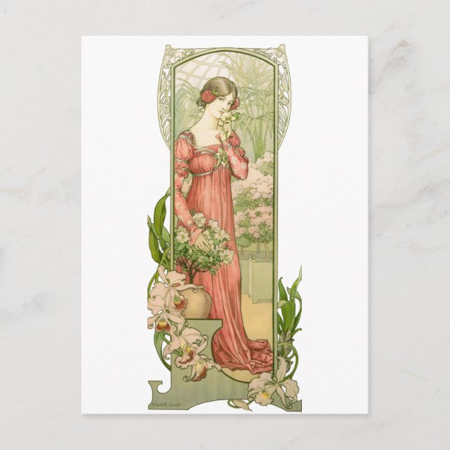 Lady in greenhouse postcard (Front)