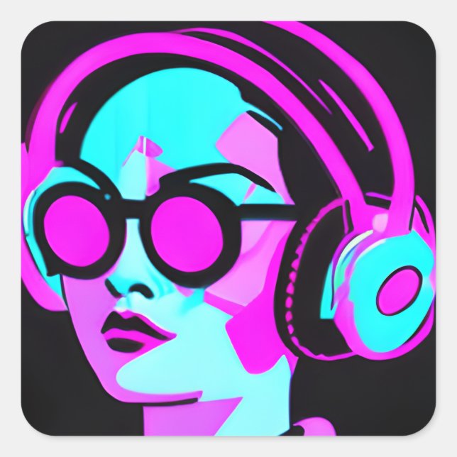 Lady in Headphones Lisetning to Music Square Sticker (Front)