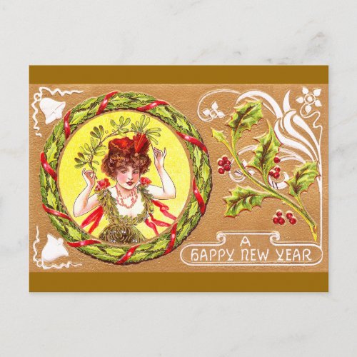 Lady in Holly Wreath Vintage New Year Holiday Postcard