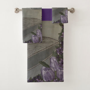 Lady in Large Hat w/ Purple Tulip Flowers Bath Towel Set