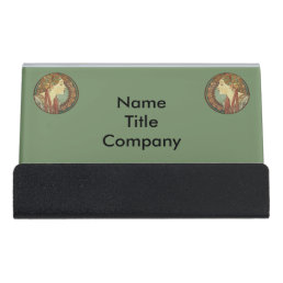 Lady in Mosaic Circle Golden Hair Ribbons Green Desk Business Card Holder