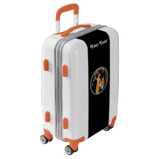Lady in Orange Dress Picking Cherry Blossoms Black Luggage