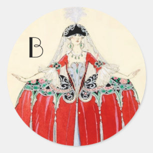 LADY IN RED,BEAUTY FASHION COSTUME DESIGN MONOGRAM CLASSIC ROUND STICKER