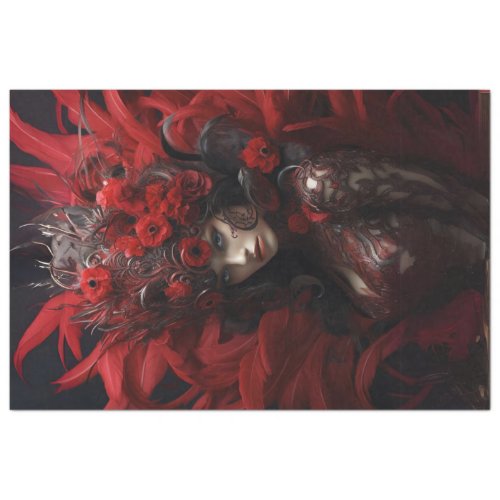 Lady in red feather and black background decoupage tissue paper