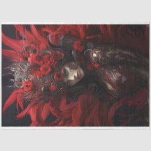 Lady in red feather and black background decoupage tissue paper