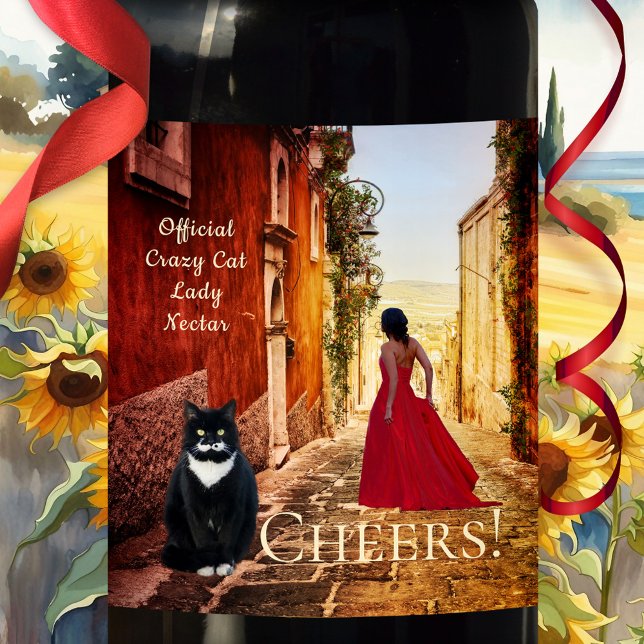 Lady in Red Italian Fine Art Wine Label (Fine art wine label featuring a painting of a lady in red and a cute big tuxedo cat in Italy)