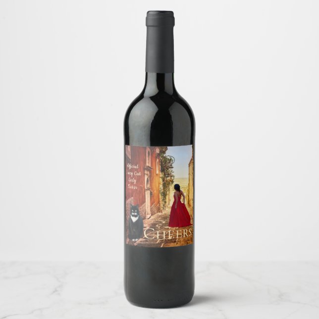 wine bottle with lady in red dress Italian Fine Art Label SOLENE