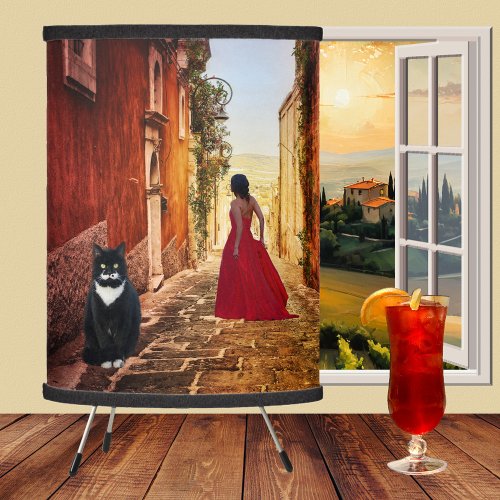 Lady in Red Italian Painting with Cat Lamp