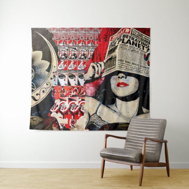 Lady in Red Lipstick Wall Graffiti Wall Tapestry (In Situ (Horizontal))