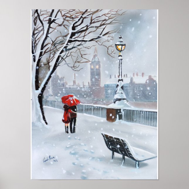 Lady in Red romantic couple snowy London Poster (Front)