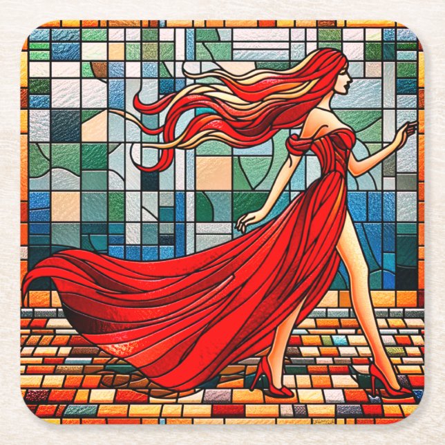 Lady in Red Square Paper Coaster (Front)