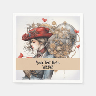 Lady in Red Valentine Kiss steampunk watercolor Napkins